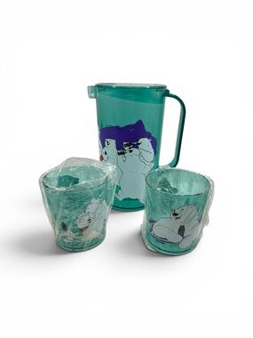 Vintage 1995 Teal Plastic Coca Cola Polar Bear Pitcher and Cup Set Picnic